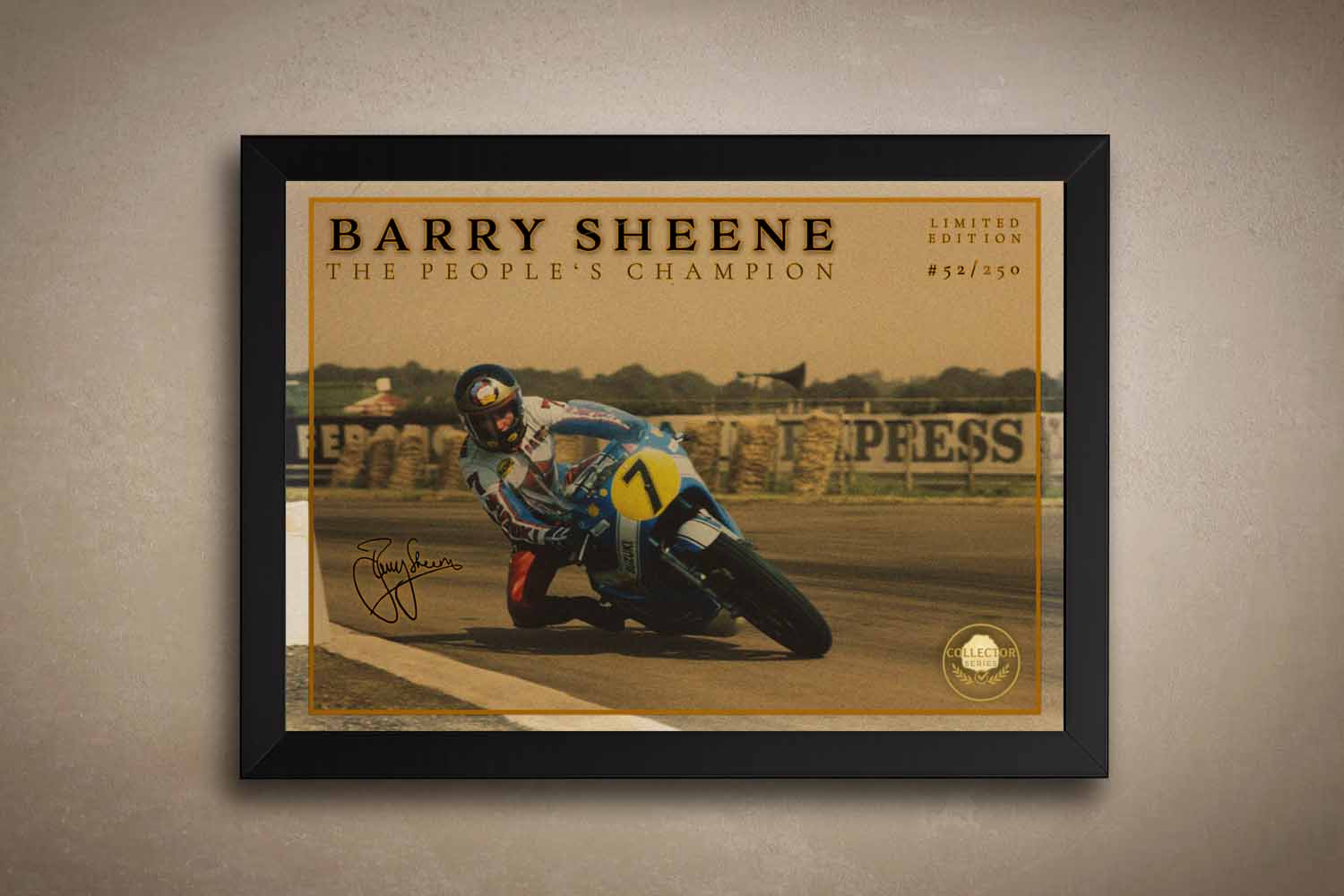 Limited edition framed sports art of Barry Sheene mid-turn—vintage racing wall print perfect for man cave wall art and motorsport collectors.