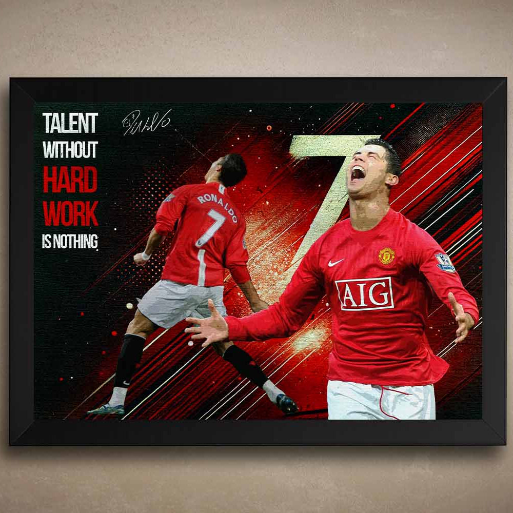 Framed sports art of Cristiano Ronaldo in a red Manchester United kit with motivational quote, perfect for man cave wall décor.
