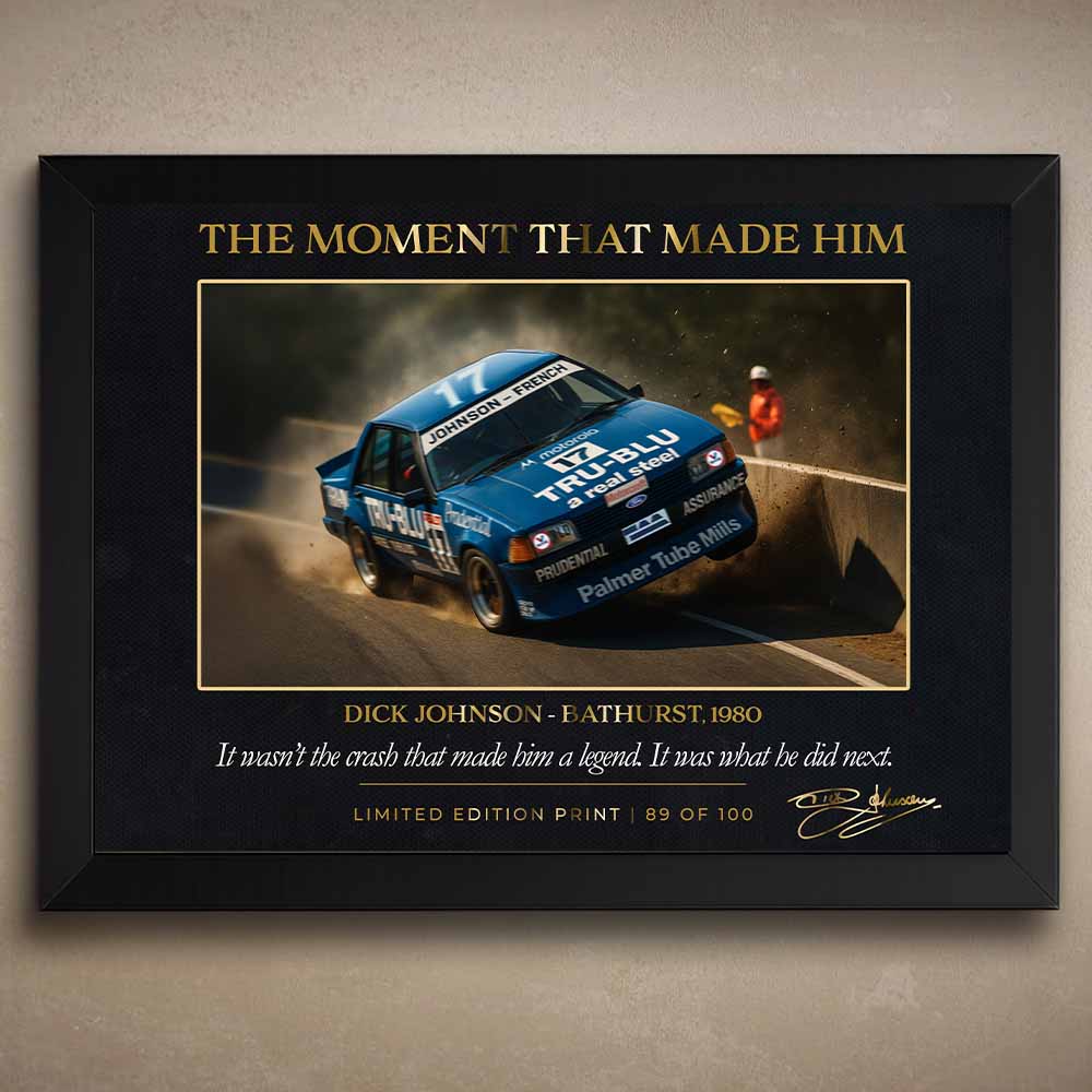 Framed sports art featuring Dick Johnson’s iconic 1980 Bathurst crash, a defining moment in Australian motorsport history. This limited edition sports print is perfect man cave wall décor and a premium collectible for fans of framed sports memorabilia.