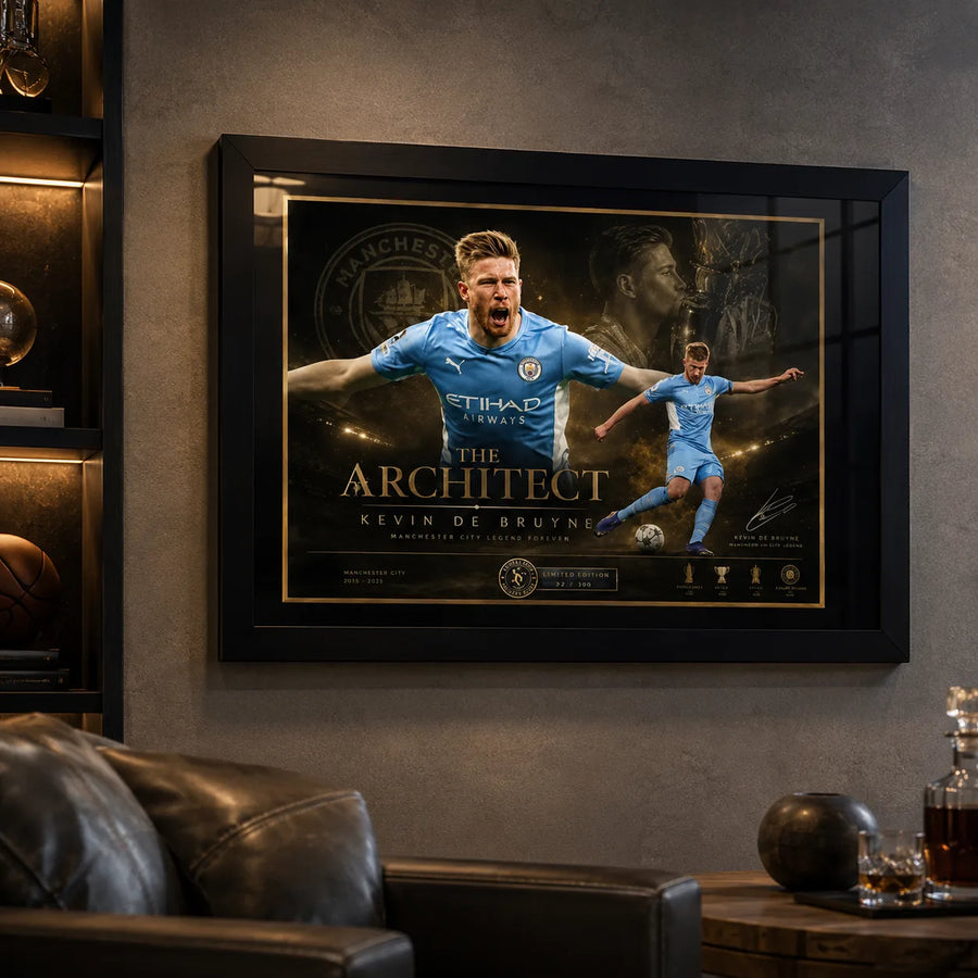 Kevin De Bruyne Manchester City framed soccer wall art displayed in a dark sports man cave.