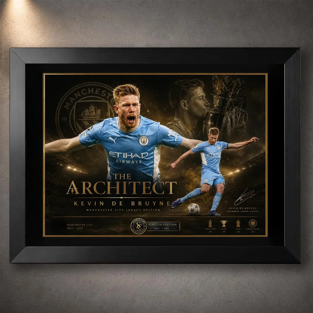 Kevin De Bruyne Manchester City soccer wall art in a black frame with black mat border.