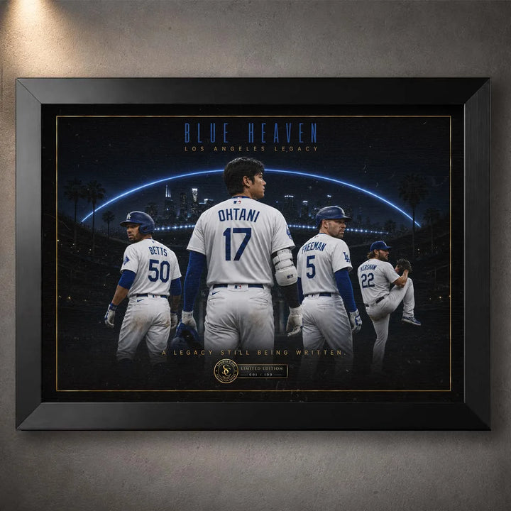 Black framed Blue Heaven Los Angeles baseball wall art featuring Ohtani, Betts, Freeman and Kershaw beneath city lights.