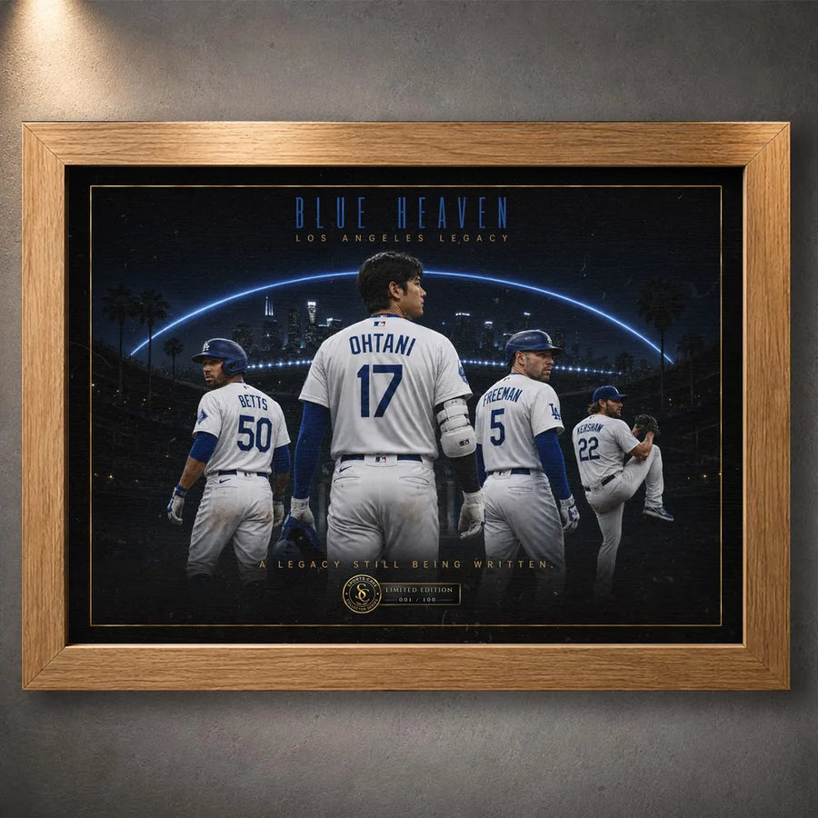 Oak framed Blue Heaven Los Angeles baseball wall art featuring Ohtani, Betts, Freeman and Kershaw against a night skyline.