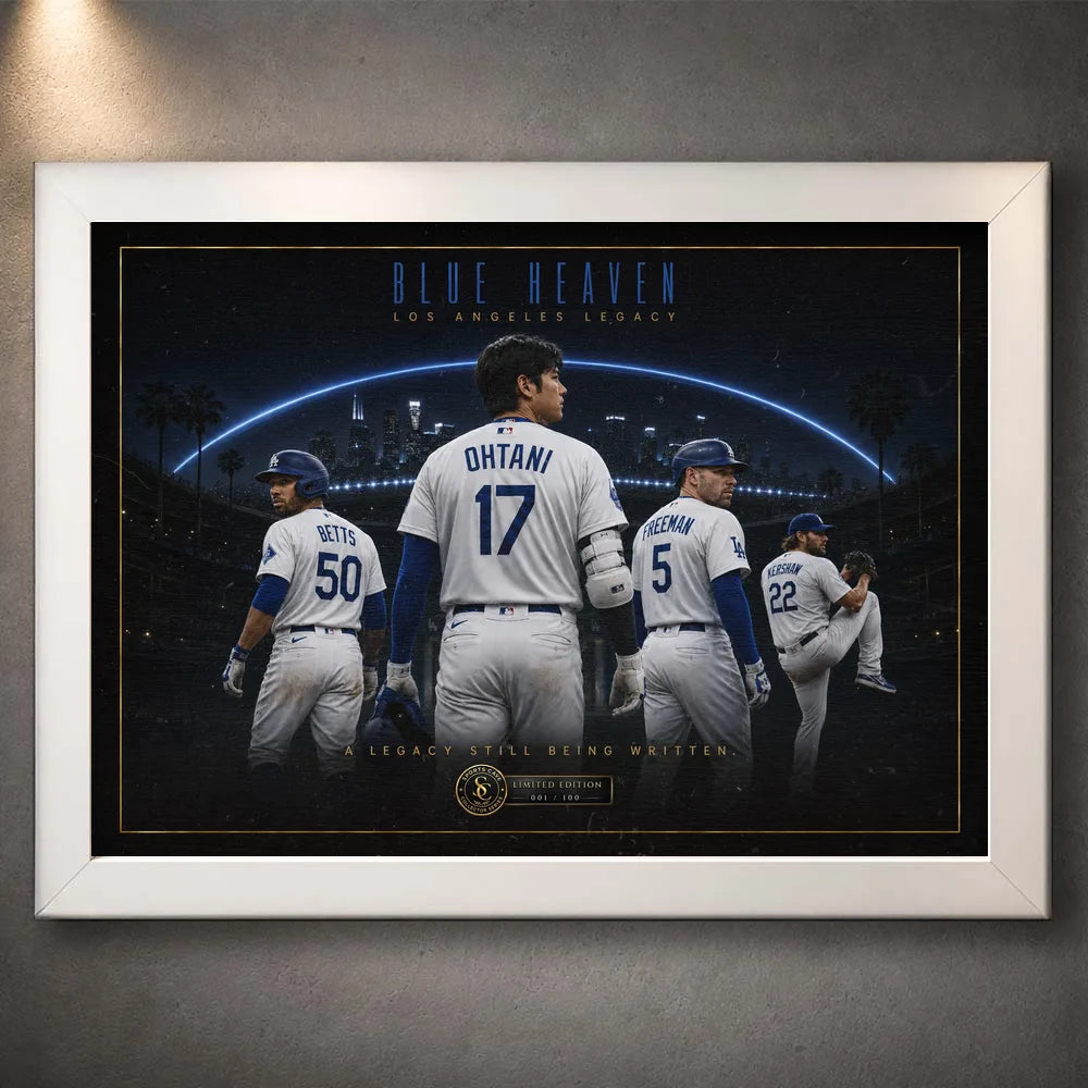 White framed Blue Heaven Los Angeles baseball wall art with Ohtani, Betts, Freeman and Kershaw against the city at night.