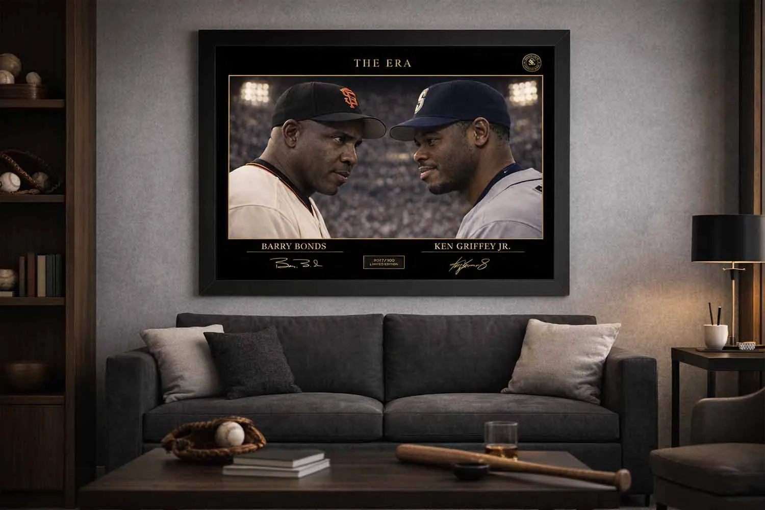 Modern man cave wall décor featuring The Era framed sports art of Barry Bonds and Ken Griffey Jr. rivalry