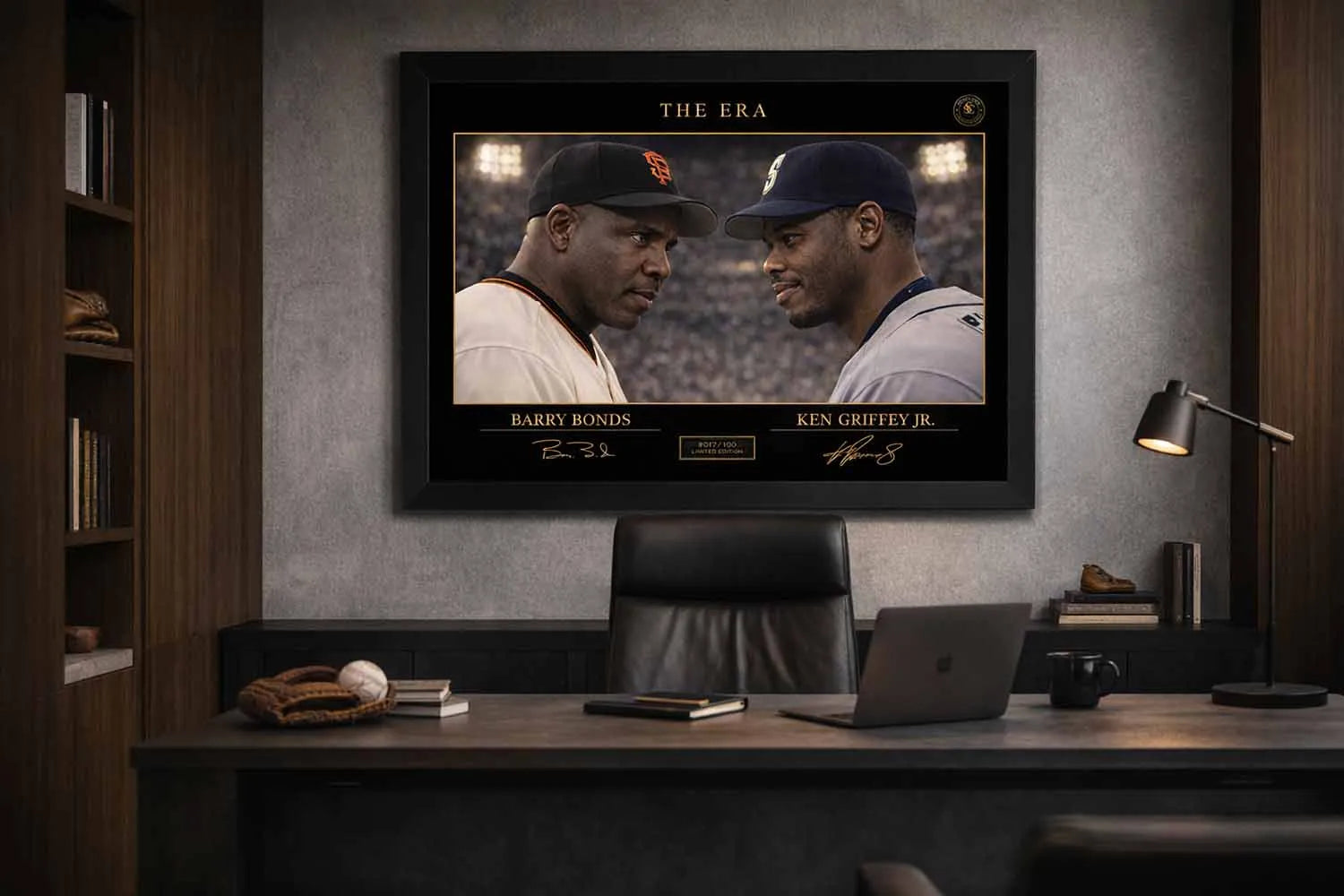 Executive office setting with framed sports memorabilia of Barry Bonds and Ken Griffey Jr. from The Era rivalry.