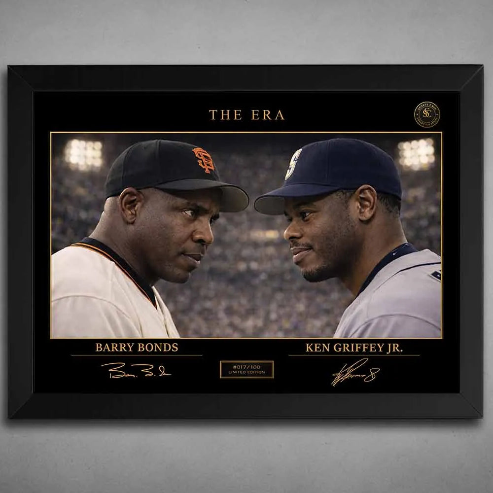 A black frame highlights Barry Bonds and Ken Griffey Jr. in The Era rivalry, framed sports memorabilia for collectors.