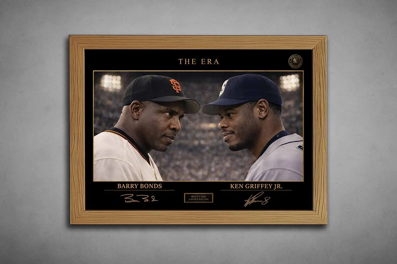 An oak frame showcases The Era artwork of Barry Bonds and Ken Griffey Jr., premium sports collectibles for baseball fans.