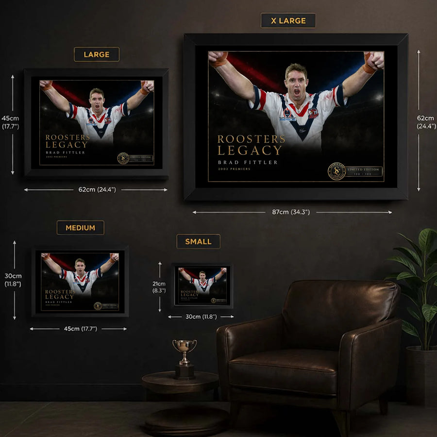 Brad Fittler wall art size guide showing the available Small, Medium, Large and XL framed dimensions.