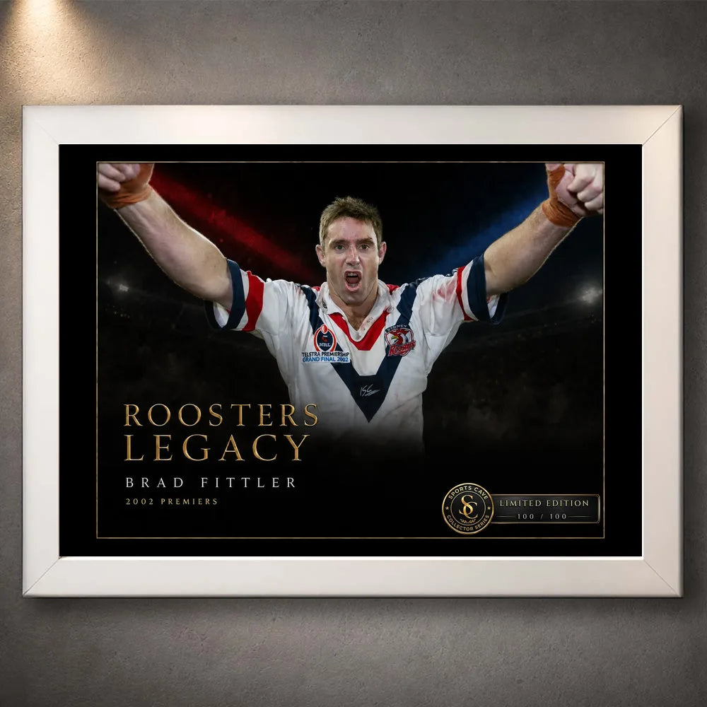White framed Brad Fittler wall art featuring the Roosters Legacy 2002 premiership tribute for a clean collector display.
