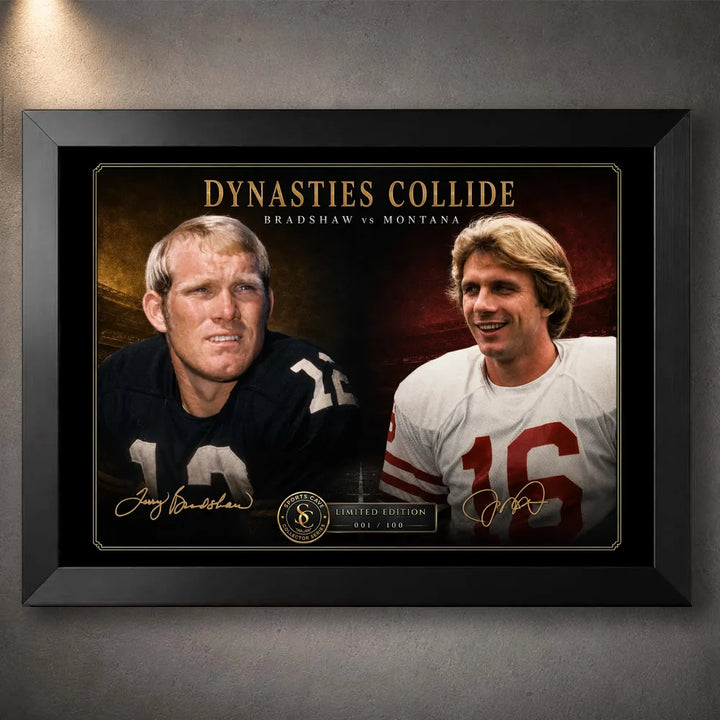Black framed Dynasties Collide Bradshaw vs Montana NFL wall art for a premium football memorabilia display.
