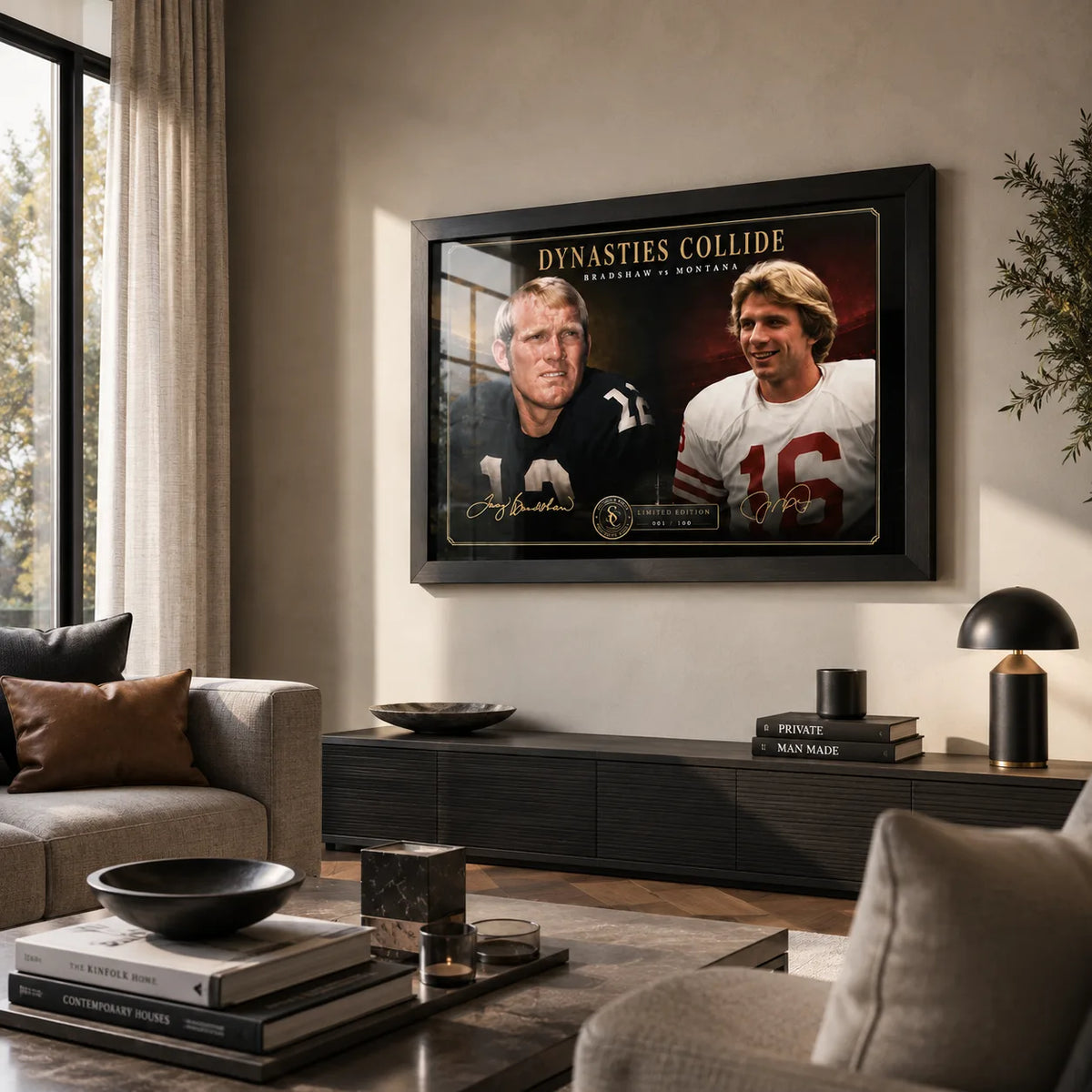 Bradshaw vs Montana wall art displayed in a warm modern living room with a black frame and collector-focused styling.