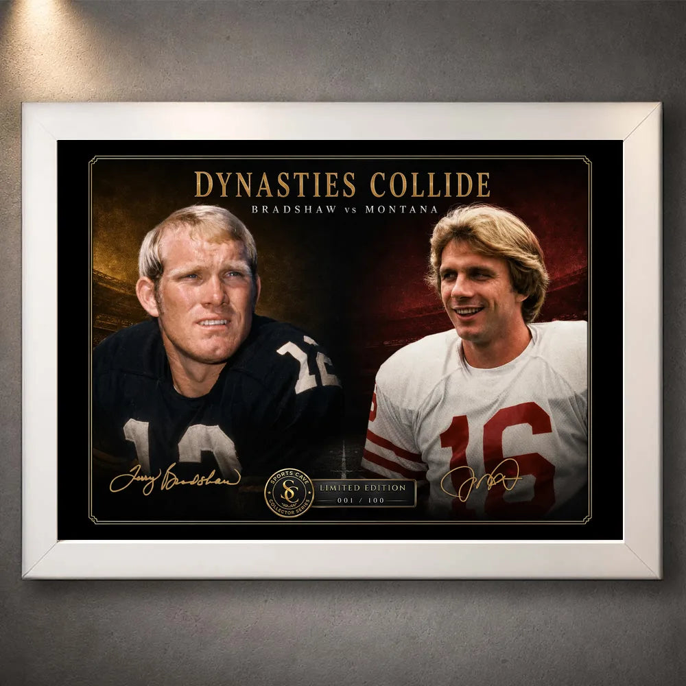 White framed Dynasties Collide Bradshaw vs Montana wall art shown against a neutral wall for a clean collector display.