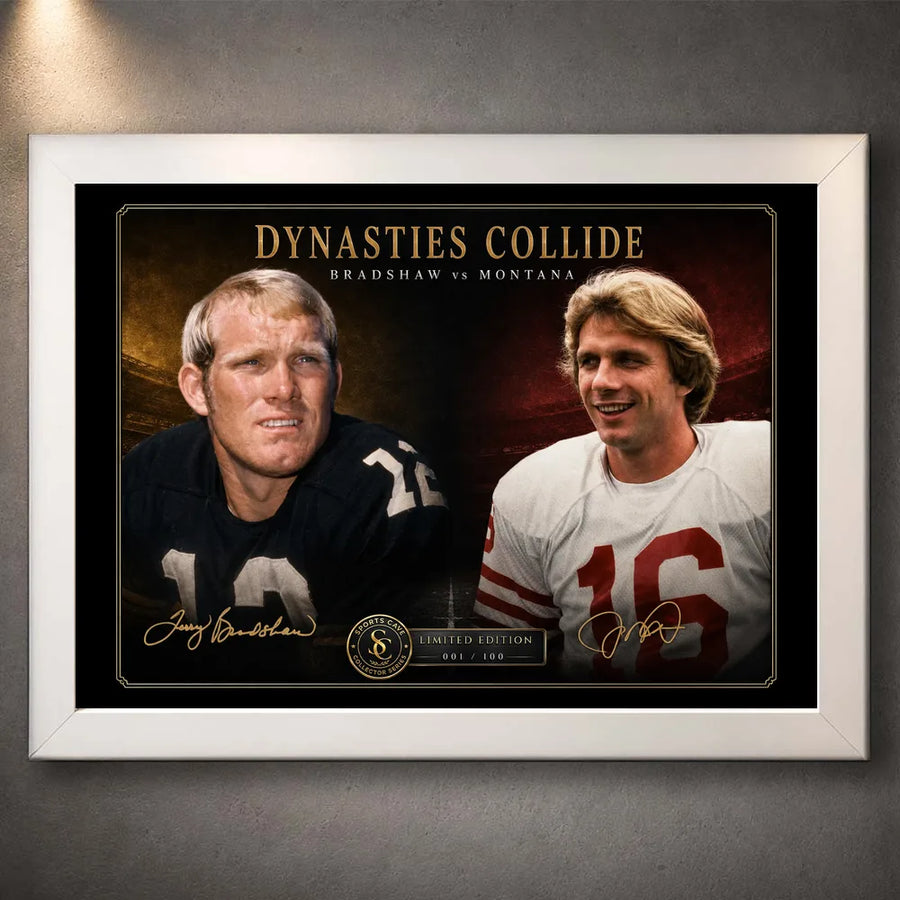 White framed Dynasties Collide Bradshaw vs Montana wall art shown against a neutral wall for a clean collector display.