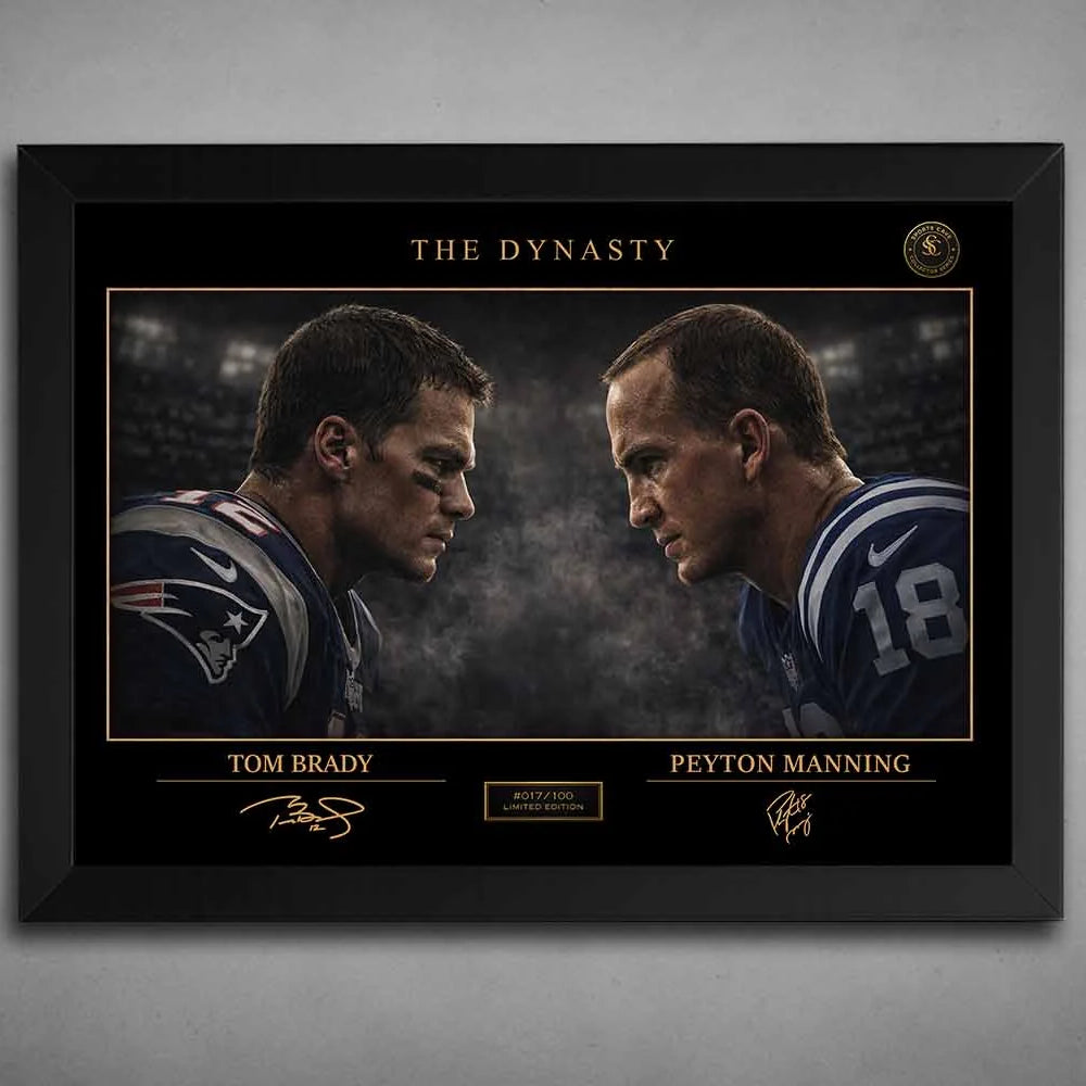 Tom Brady vs Peyton Manning framed sports art showing a dramatic face-off rivalry design in premium black frame
