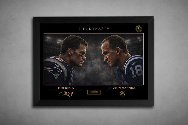 Tom Brady vs Peyton Manning framed sports art showing a dramatic face-off rivalry design in premium black frame