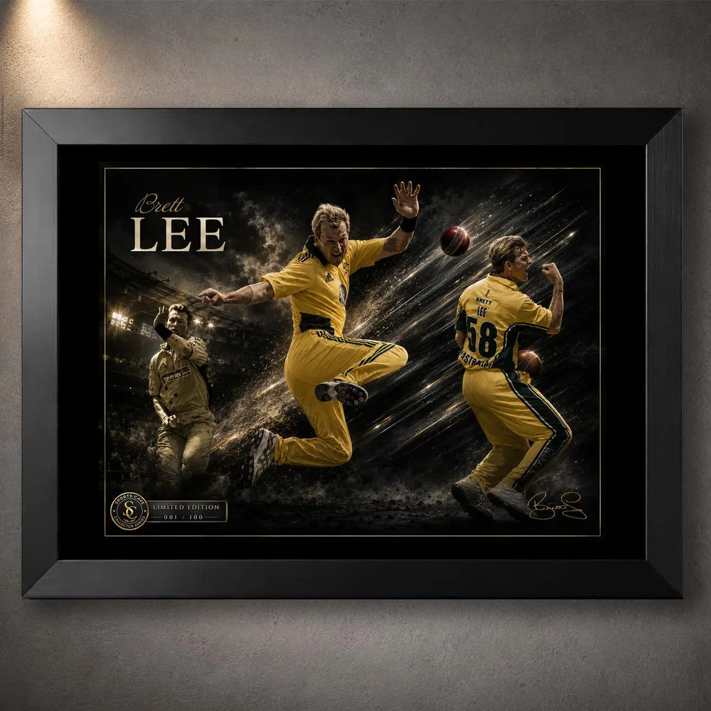Brett Lee cricket wall art in a black frame, featuring three action portraits of the Australian fast bowler.