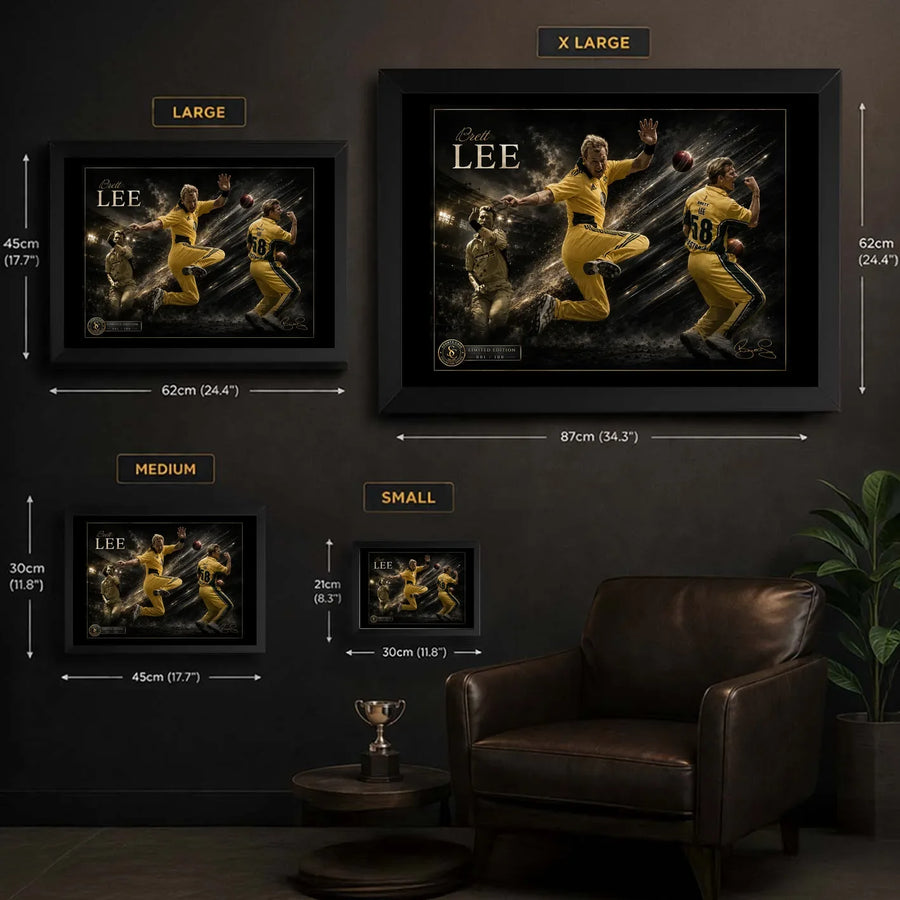 Size guide showing Small, Medium, Large and XL dimensions for Brett Lee framed cricket wall art.