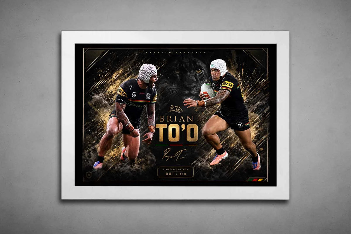 Brian To’o Penrith Panthers action artwork in white frame, dynamic rugby league moment, premium sports wall art
