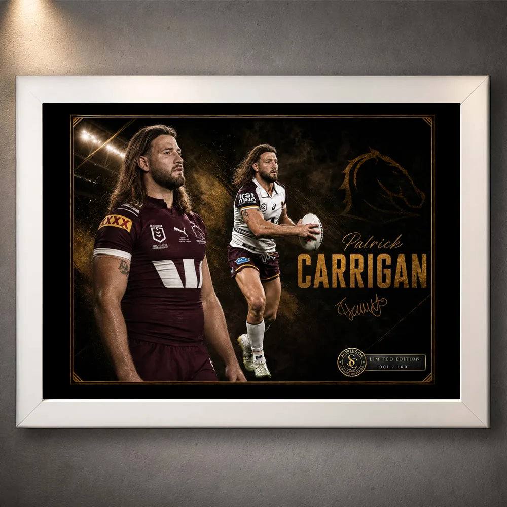 White framed Patrick Carrigan Brisbane Broncos rugby wall art with maroon and white action portraits on a dark gold design