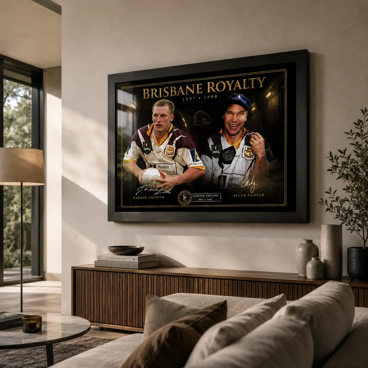 Darren Lockyer and Allan Langer wall art displayed in a bright living room with a black frame.