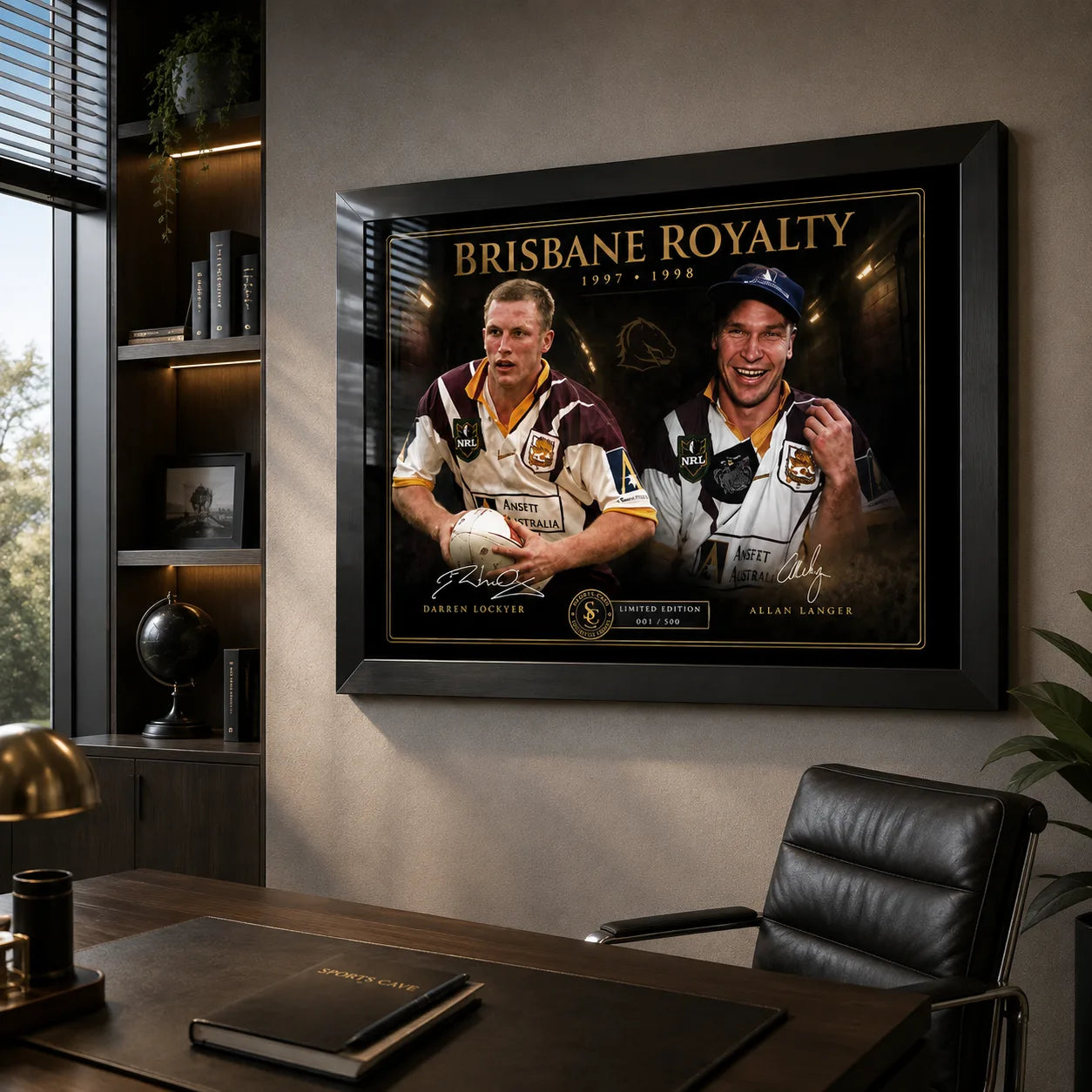 Brisbane Royalty Lockyer and Langer rugby league wall art displayed in a modern office with a black frame.