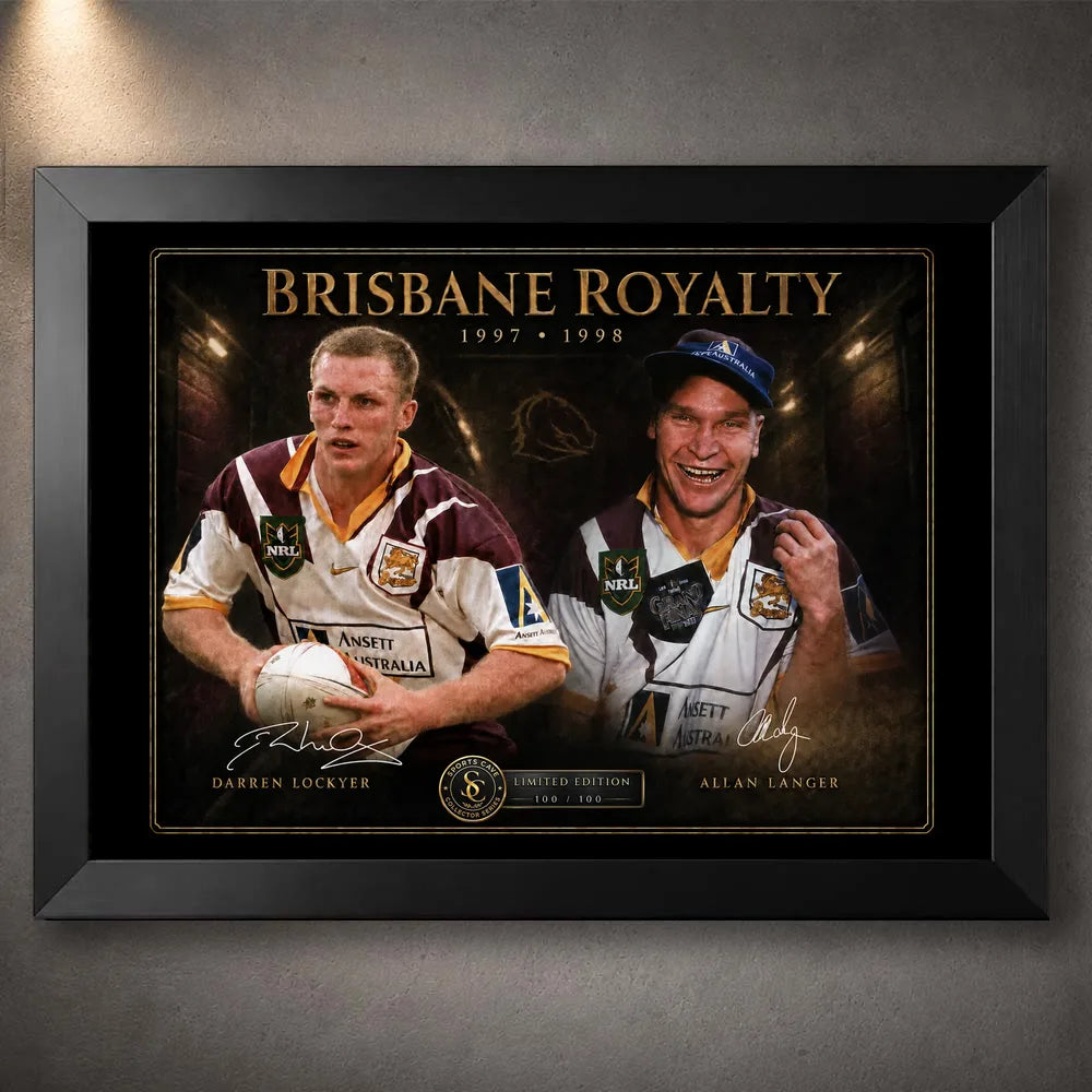 Black framed Brisbane Royalty Darren Lockyer and Allan Langer rugby league wall art with gold-edged collector design.