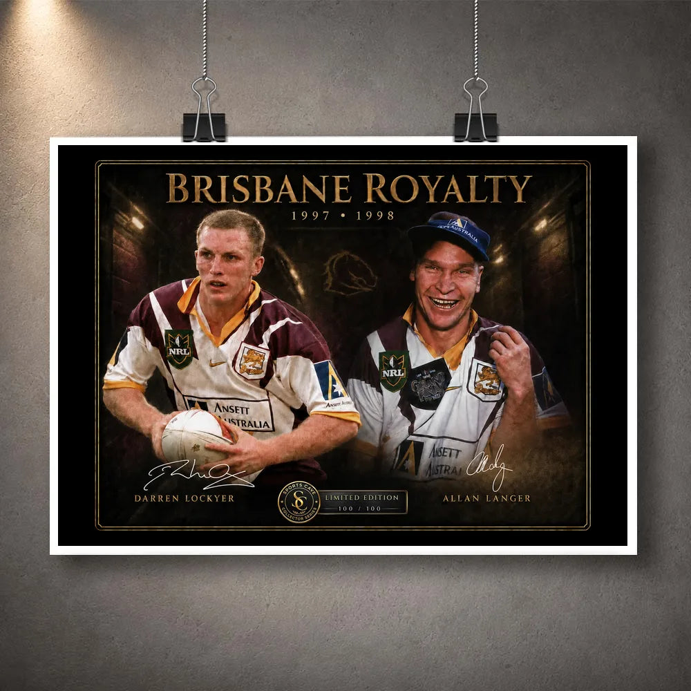 Unframed Brisbane Royalty Darren Lockyer and Allan Langer rugby league wall art shown with a white border and hanging clips.