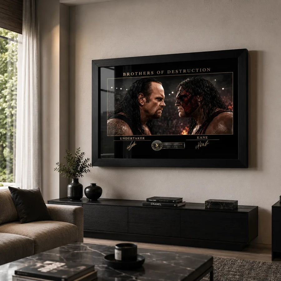 Brothers of Destruction Undertaker vs Kane wall art displayed above a black console in a premium modern living room.