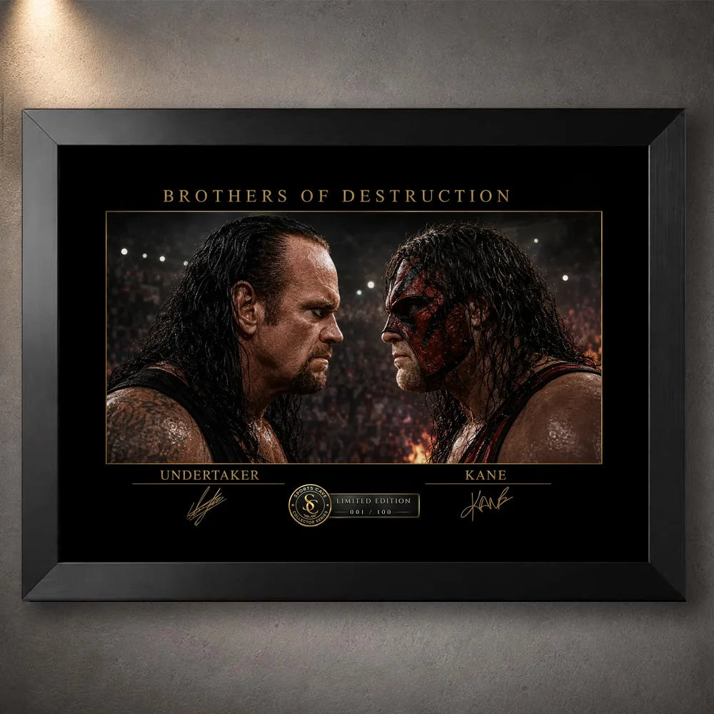Black framed Brothers of Destruction Undertaker vs Kane wall art featuring the WWE rivals facing off in a dark arena.