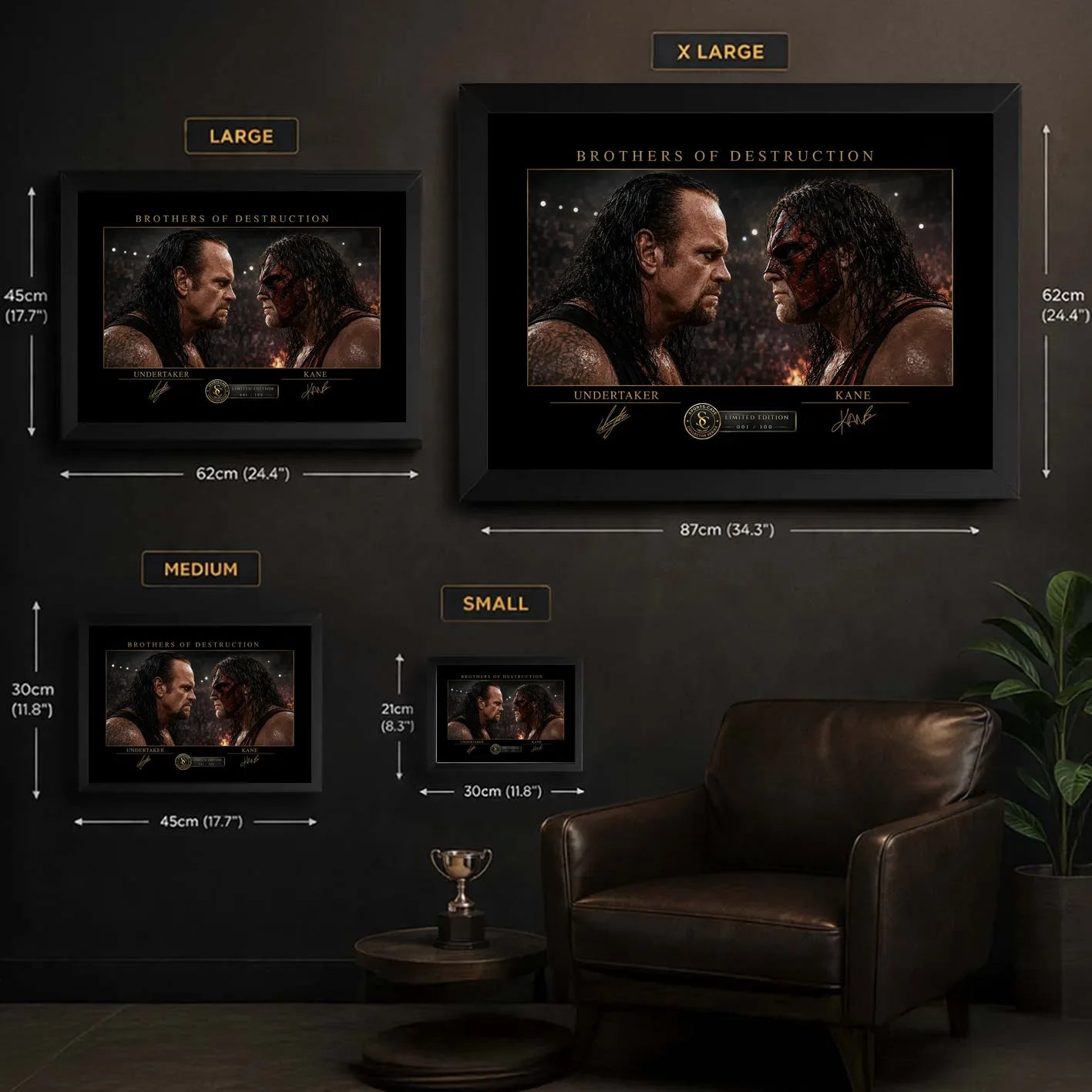 Brothers of Destruction Undertaker vs Kane wall art size guide showing framed dimensions from small to extra large.