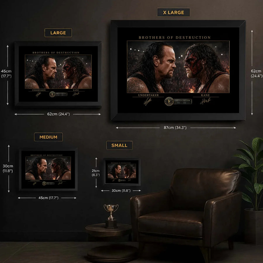 Brothers of Destruction Undertaker vs Kane wall art size guide showing framed dimensions from small to extra large.