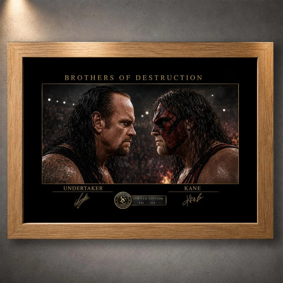 Oak framed Brothers of Destruction Undertaker vs Kane wall art featuring the WWE rivals in a face-to-face arena scene.