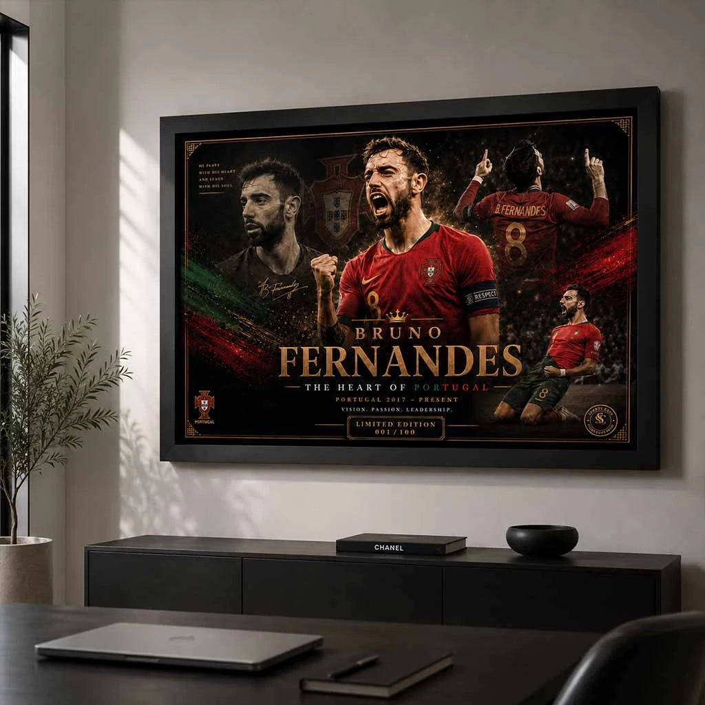 Premium Bruno Fernandes Portugal sports wall art showcased in a modern office with elegant football décor.