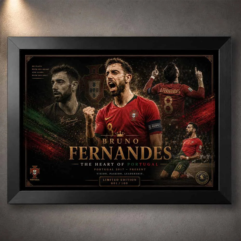 Bruno Fernandes Portugal sports wall art in a bold black frame with premium football poster styling.