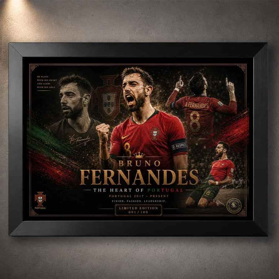 Bruno Fernandes Portugal sports wall art in a bold black frame with premium football poster styling.