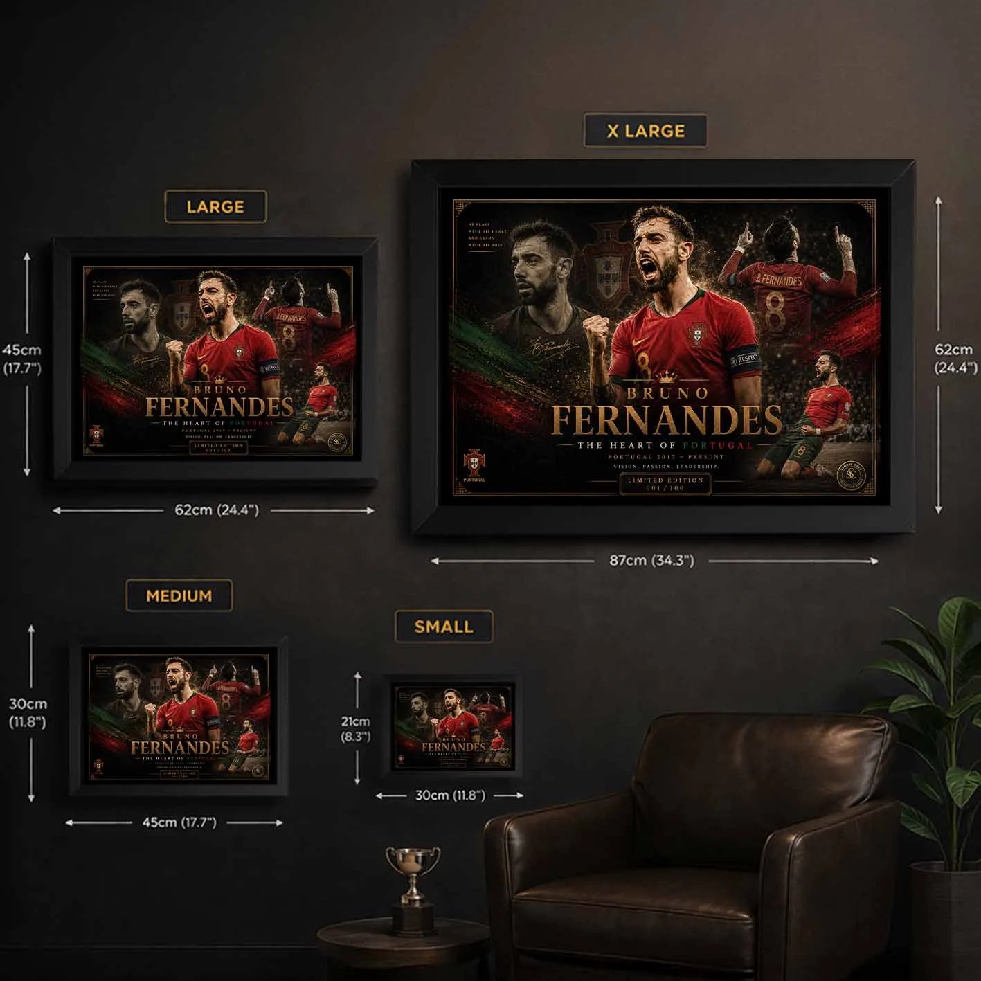 Bruno Fernandes framed sports memorabilia size guide featuring small to extra large football wall art options.