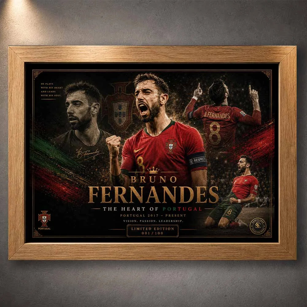 Bruno Fernandes premium sports collectibles artwork displayed in an elegant oak wood frame mockup.