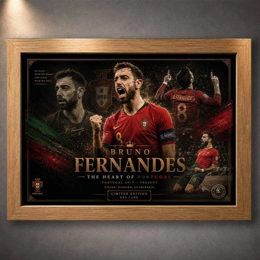 Bruno Fernandes premium sports collectibles artwork displayed in an elegant oak wood frame mockup.