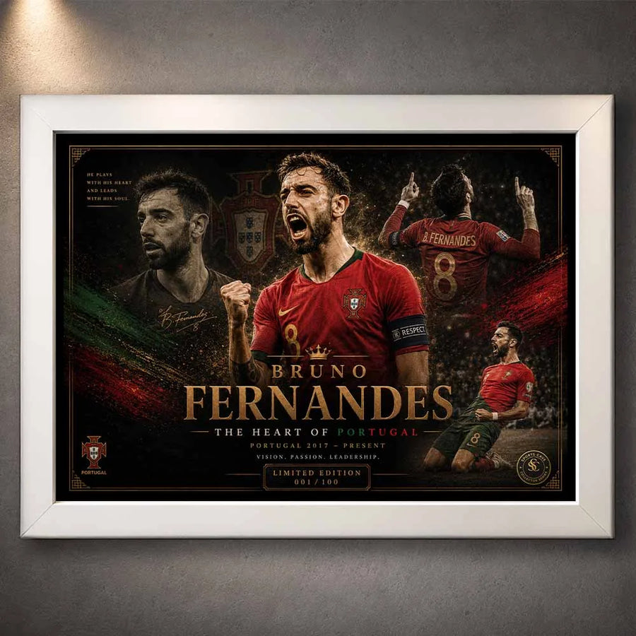 Bruno Fernandes Portugal framed sports art in a white frame celebrating leadership and passion on the pitch.
