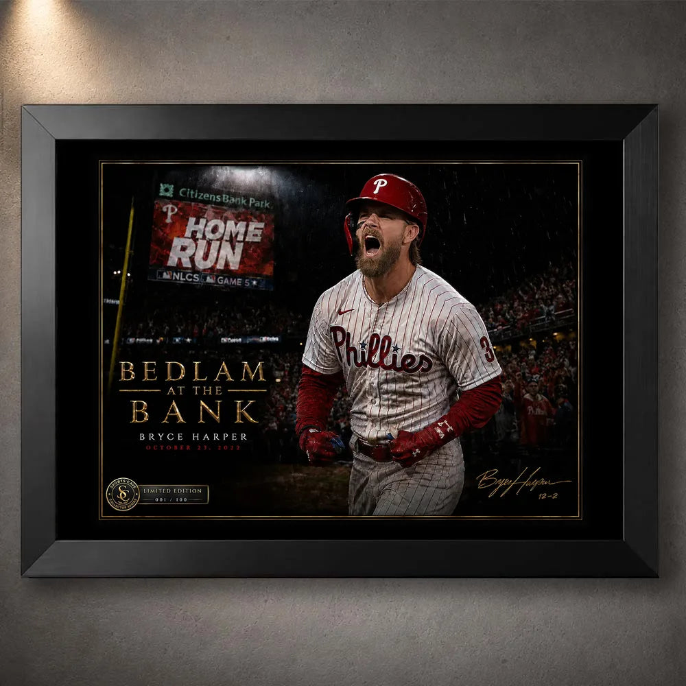 Black framed Bryce Harper baseball wall art celebrating Bedlam at the Bank at Citizens Bank Park.
