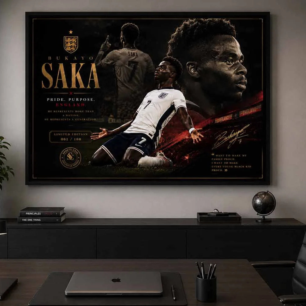 Bukayo Saka England sports wall art showcased in a modern office interior with sleek framed sports art décor.