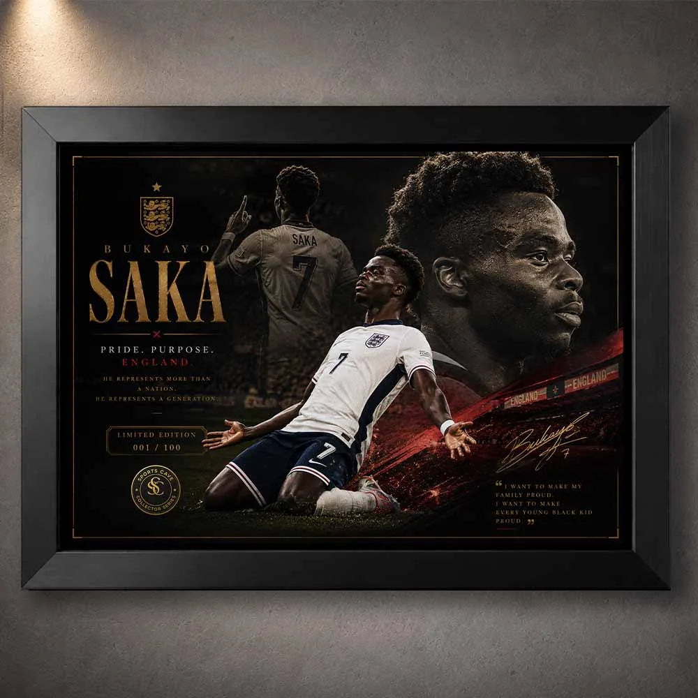 Bukayo Saka England framed sports wall art in a black frame featuring dynamic football artwork and premium detail.