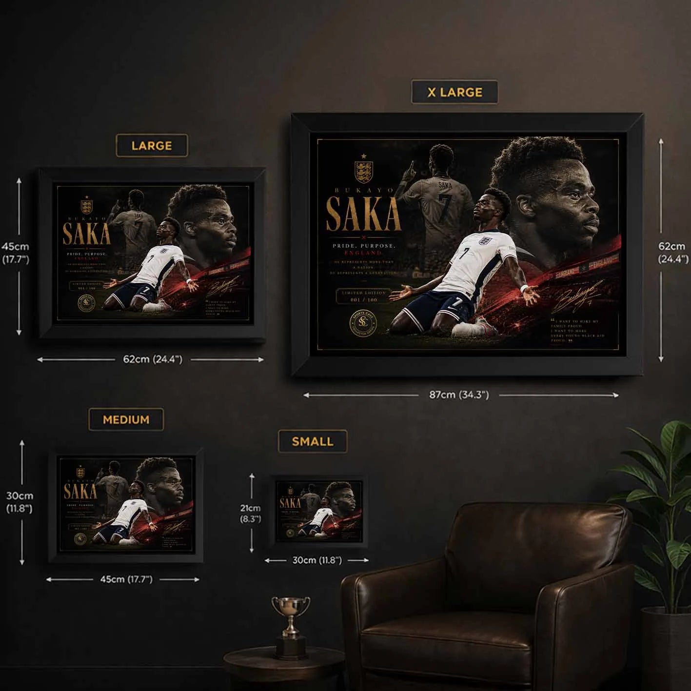 Bukayo Saka framed sports wall art size guide showing small, medium, large, and extra large print options.