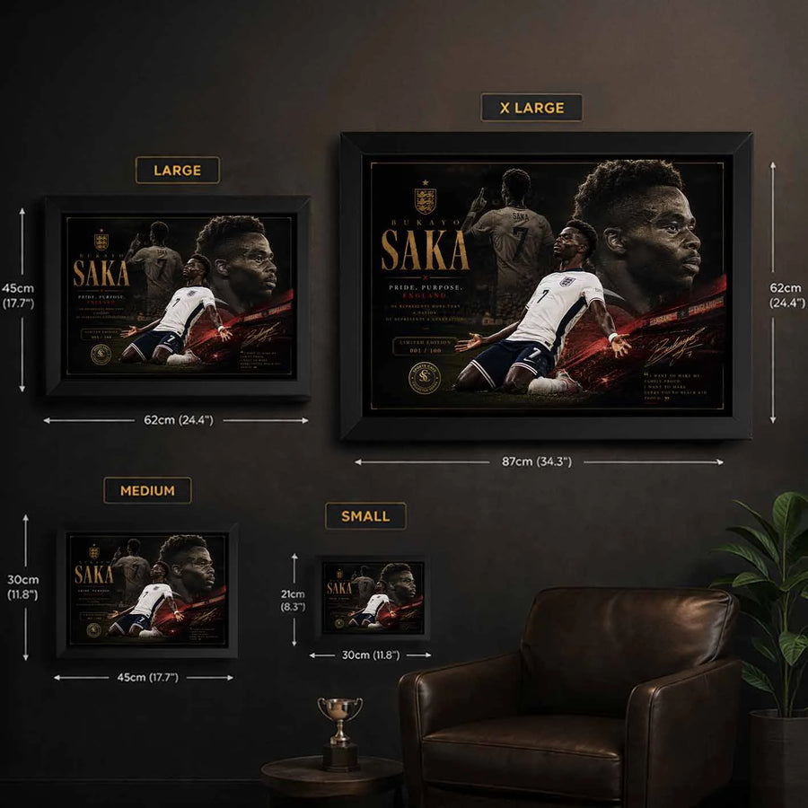 Bukayo Saka framed sports wall art size guide showing small, medium, large, and extra large print options.