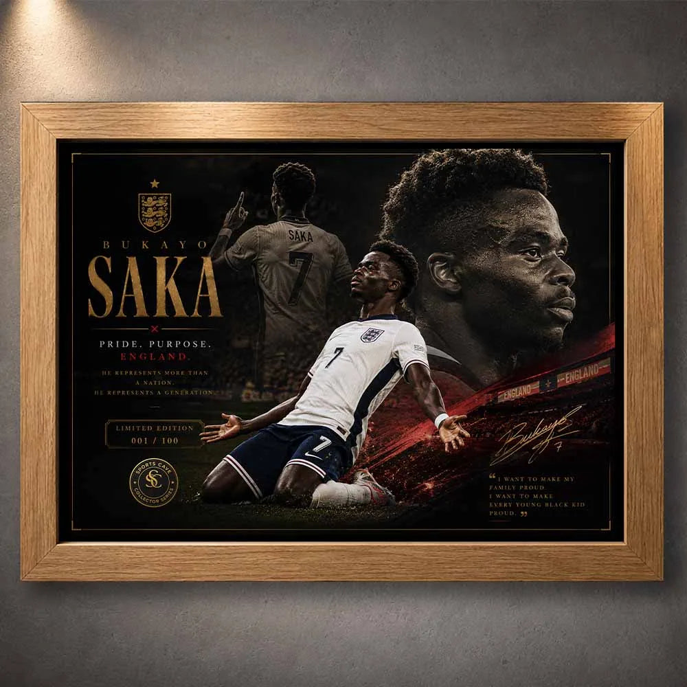 Bukayo Saka England sports wall art presented in an oak wood frame with premium football artwork styling.