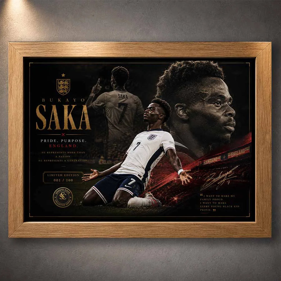 Bukayo Saka England sports wall art presented in an oak wood frame with premium football artwork styling.