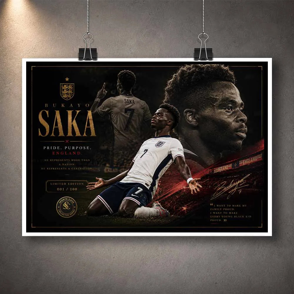 Unframed Bukayo Saka England sports art print featuring bold football imagery and limited edition sports prints.