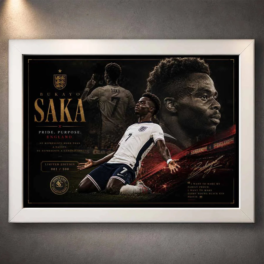 Bukayo Saka white framed sports wall art featuring England football artwork and modern man cave wall décor.