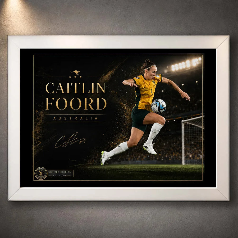 White framed Caitlin Foord soccer wall art featuring her in Australia colours against a stadium backdrop.
